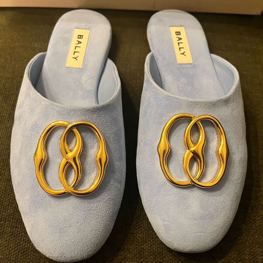 New Bally suede leather mules blue with logo sz 36